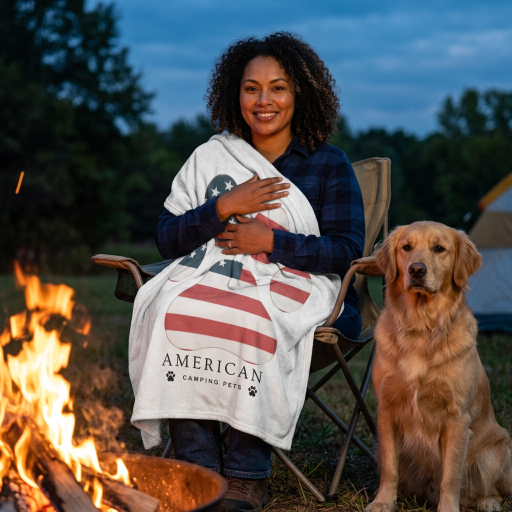 American Camping Pets - American Flag Paw Print Blanket | Velveteen Microfiber Blanket