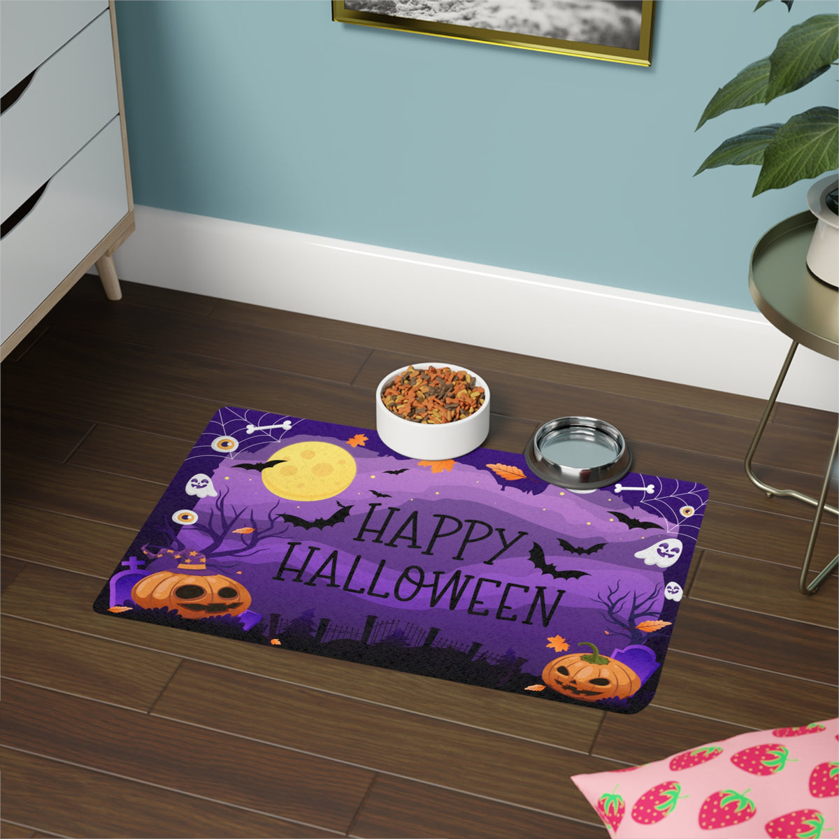 Happy Halloween - Purple Pumpkin Bat Design Pet Food Mat 12x18