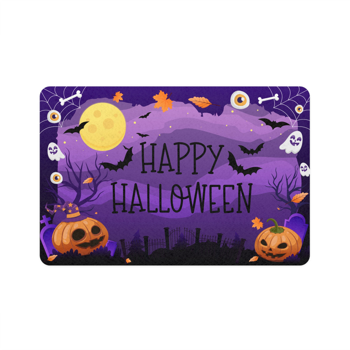 Happy Halloween - Purple Pumpkin Bat Design Pet Food Mat 12x18